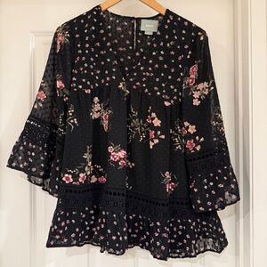 Anthropologie Maeve Black Floral Eyelit Blouse Small